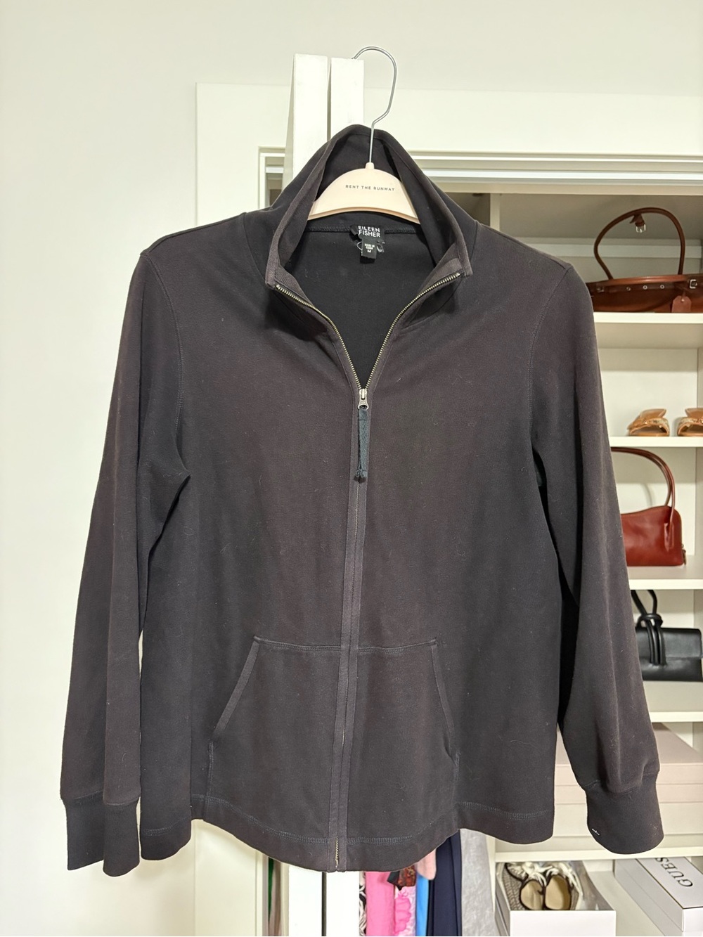 Eileen Fisher Black Lightweight 100% Cotton Zip-Up Long Sleeve